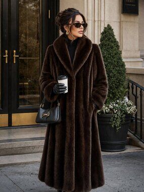 Vintage Faux Fur Coat Monterey Fashions USA Dark Brown Full Length Women’s M/L